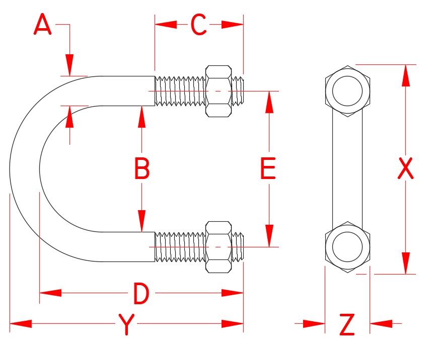 Stainless Steel Standard U-Bolt, S0350-07010, S0350-07013, S0350-07020, S0350-07025, S0350-07032, S0350-07038, S0350-08013, S0350-08026, S0350-08032, S0350-08038, S0350-08050, S0350-08065, S0350-10013, S0350-10020, S0350-10025, S0350-10032, S0350-10038, S0350-10050, S0350-10065, S0350-10075, S0350-13065, S0350-13075, S0350-13090, S0350-13100, S0350-13125, S0350-13150, S0350-13200, Line Drawing